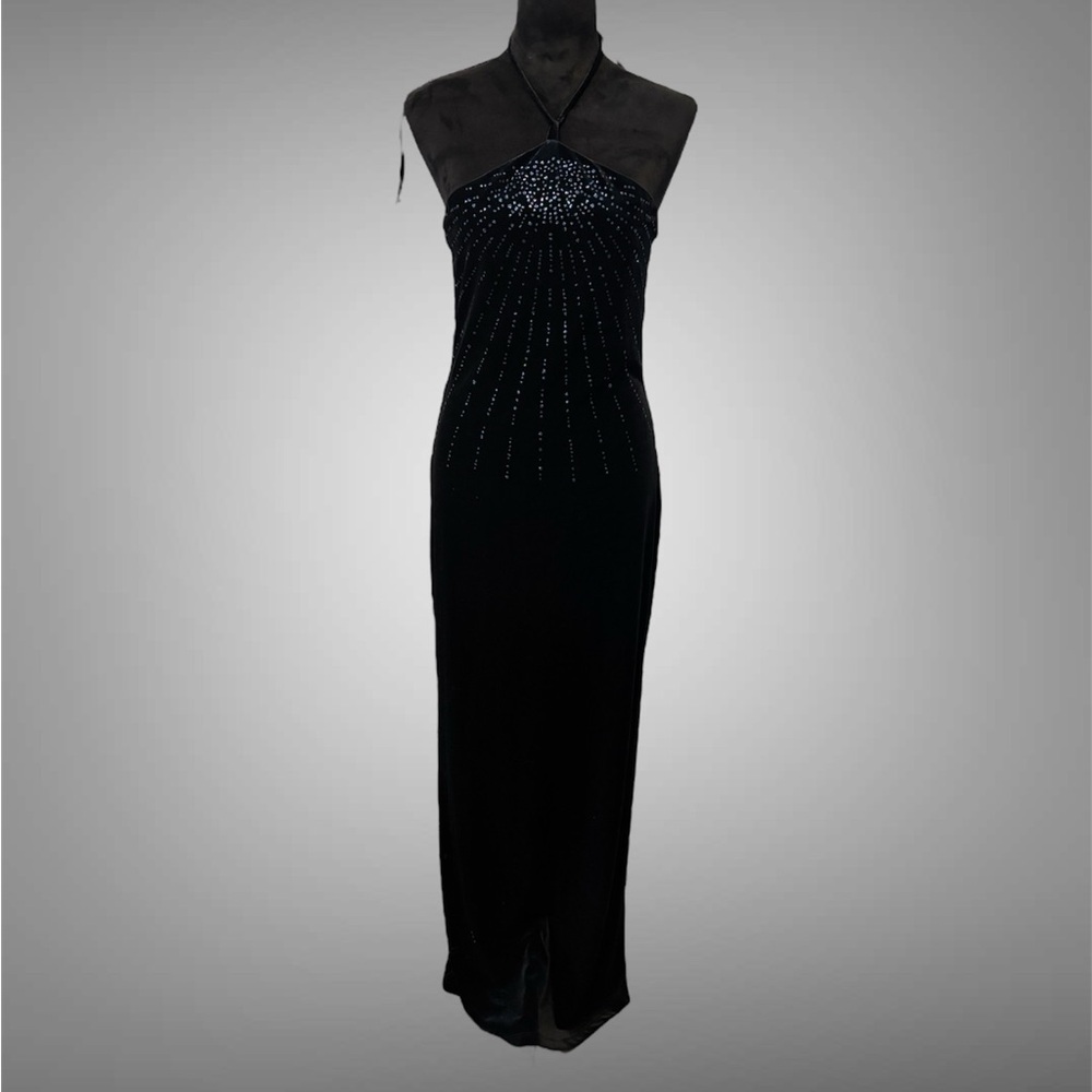 Georgiou Black velour halter maxi dress with blue & purple glitter dot details